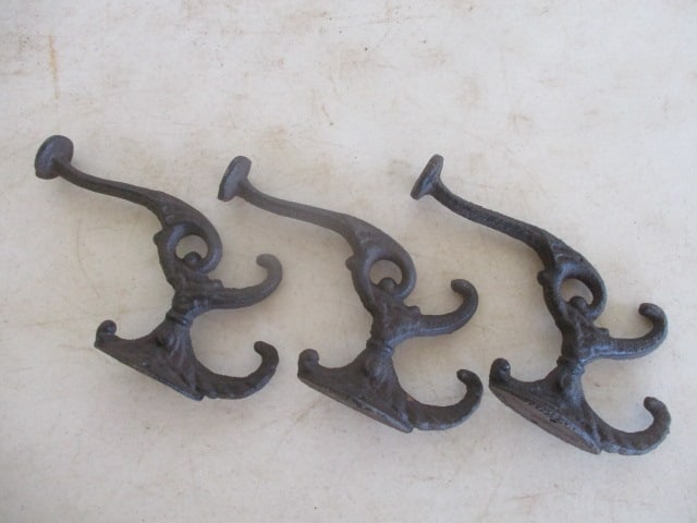 3 Double Cast Iron Coat & Hat Hooks - 3