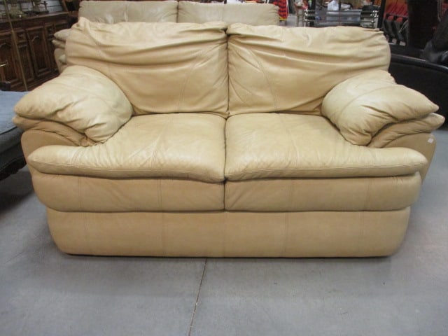 Haverty's Camel Tone Leather Love Seat (1 of 5)