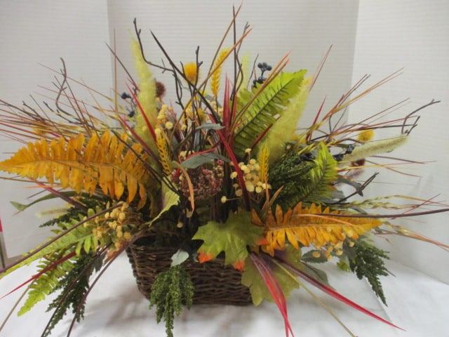 Artificial Fall Foliage Woven Basket Centerpiece: approx. 32"w x 18"h, Local Pickup Only