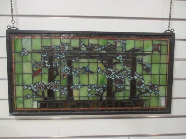 Mayda Tiffany Birds in Flowering Vines Scene Stained Glass Style Panel: 24" x 12 1/4", has 6" hanging chain