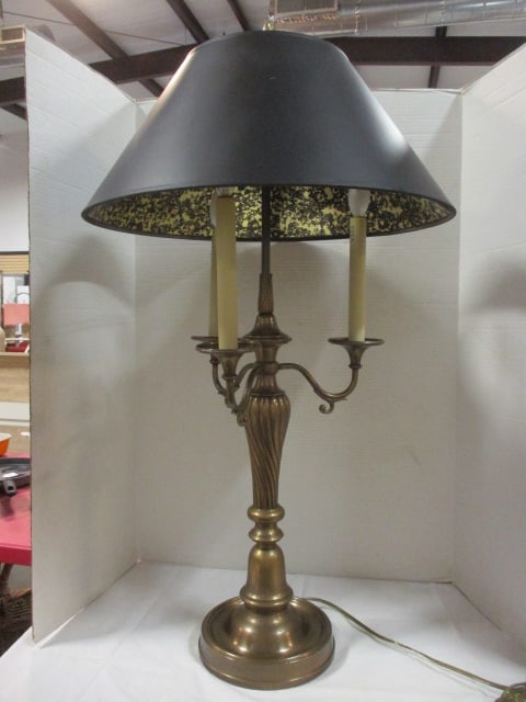Bouillotte 3 Arm Candelabrum Style Table Lamp: 36 1/4"h, brushed brass finish, shade has a few creases, needs new cord, Local Pickup Only