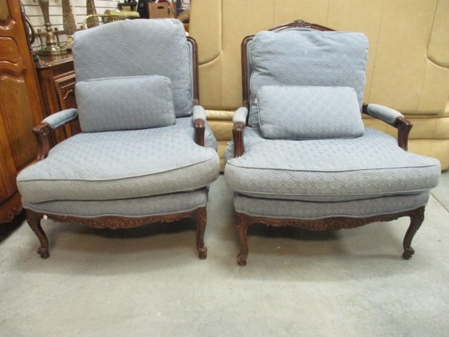 Pair of French Provincial Blue Upholstered Armchairs with Accent Back Pillows: 35"w, has a few spots for cleaning, Local Pickup Only