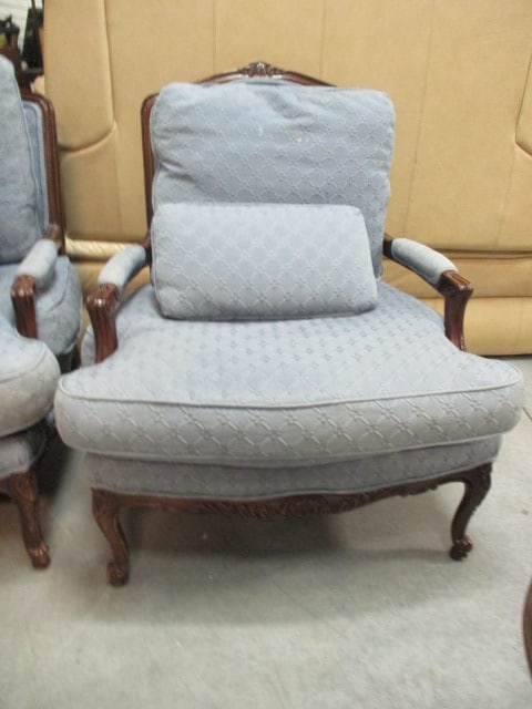 Pair of French Provincial Blue Upholstered Armchairs with Accent Back Pillows - 2