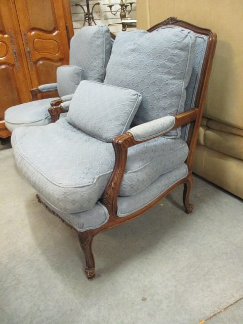 Pair of French Provincial Blue Upholstered Armchairs with Accent Back Pillows - 3