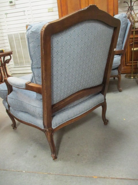 Pair of French Provincial Blue Upholstered Armchairs with Accent Back Pillows - 4