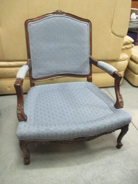 Pair of French Provincial Blue Upholstered Armchairs with Accent Back Pillows - 5