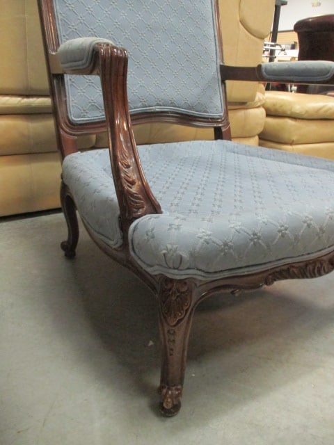 Pair of French Provincial Blue Upholstered Armchairs with Accent Back Pillows - 6