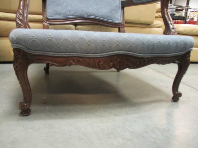 Pair of French Provincial Blue Upholstered Armchairs with Accent Back Pillows - 7