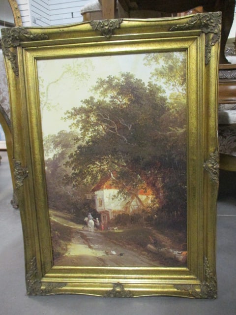Framed Victorian Pastoral Cottage Landscape Painting Print: 27 1/2" x 37 1/2", small chip on lower left corner of frame, Local Pickup Only