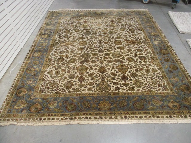 Blue Border/Ivory Floral Design Wool Area Rug: 96" x 117"(not including fringe), Local Pickup Only