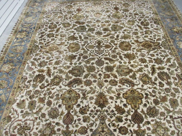 Blue Border/Ivory Floral Design Wool Area Rug - 3
