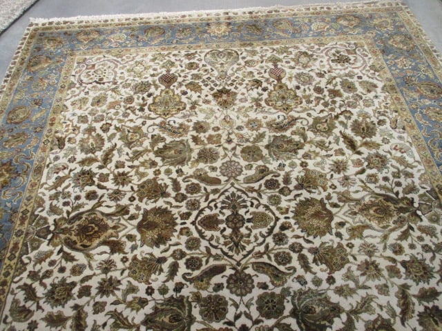 Blue Border/Ivory Floral Design Wool Area Rug - 4