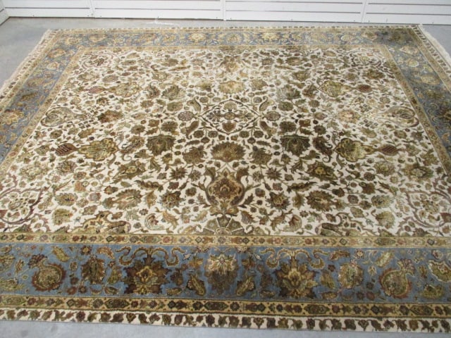 Blue Border/Ivory Floral Design Wool Area Rug - 5