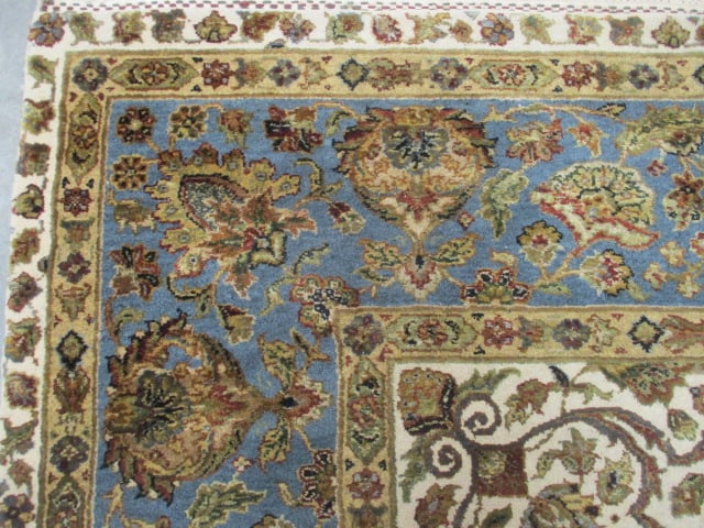 Blue Border/Ivory Floral Design Wool Area Rug - 6