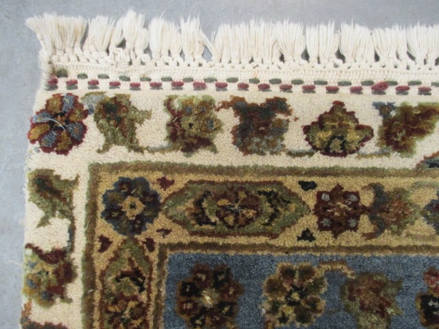 Blue Border/Ivory Floral Design Wool Area Rug - 7