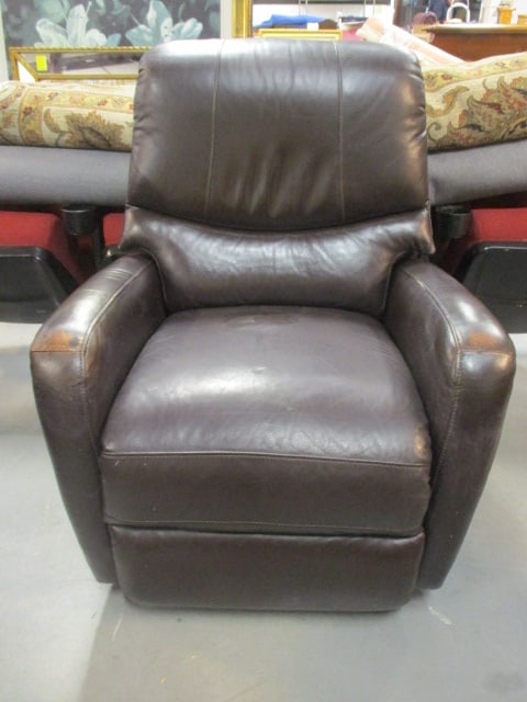 Superb Creation Mocha Tone Leather Swiveling Rocking Recliner: 31 1/2"w, some color wear on arms, Local Pickup Only