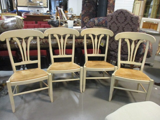 Four French Country Farmhouse Style Side Chairs with Rush Seats: 22"w, seats have a few spots, distressed finish, Local Pickup Only