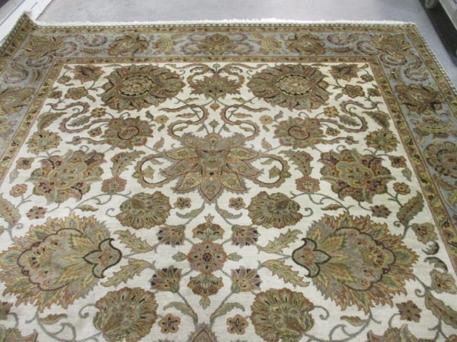 Sage Green Border/Ivory Floral Design Wool Area Rug - 2