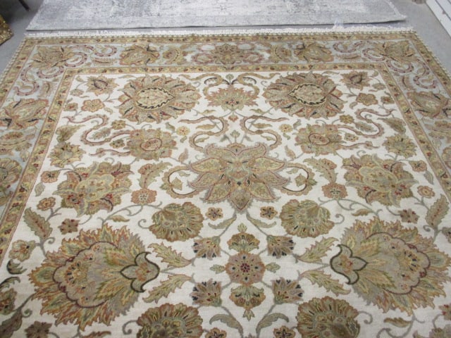 Sage Green Border/Ivory Floral Design Wool Area Rug - 4