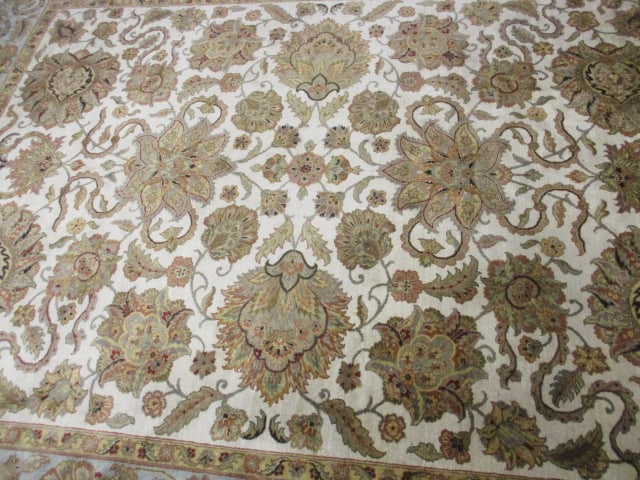 Sage Green Border/Ivory Floral Design Wool Area Rug - 5