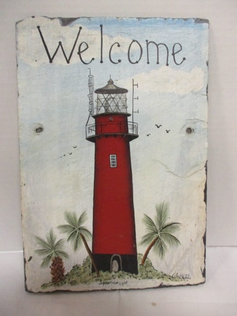 Handpainted Eileen Signed "Jupiter Inlet Light" Slate "Welcome" Door Hanger: 8" x 12"