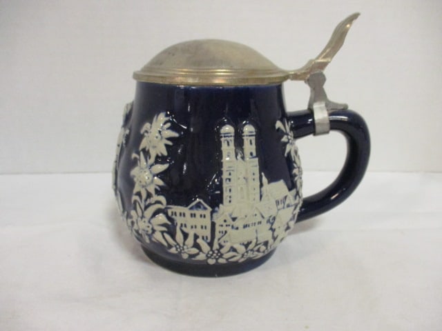 Slovenia Cobalt Glazed Stoneware Tankard with Pewter Lid: 5 3/4"h(top of lid thumb handle)