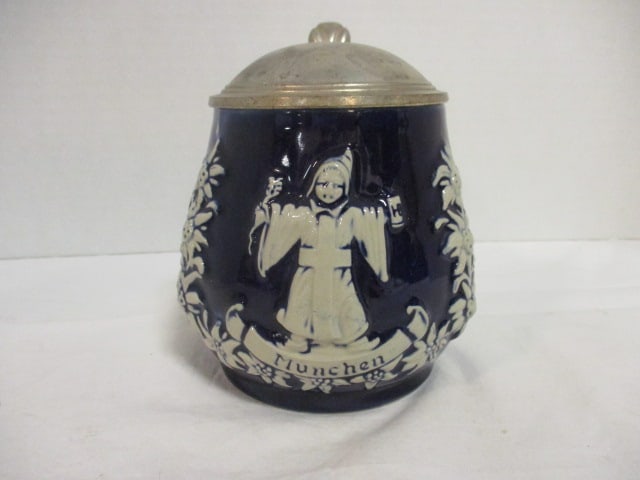 Slovenia Cobalt Glazed Stoneware Tankard with Pewter Lid - 2