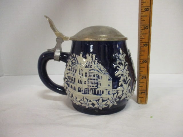Slovenia Cobalt Glazed Stoneware Tankard with Pewter Lid - 3