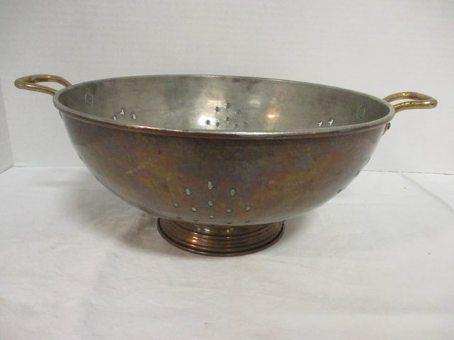 Vintage Copper Colander with Brass Handles: 10 3/4"dia x 5 1/4"h