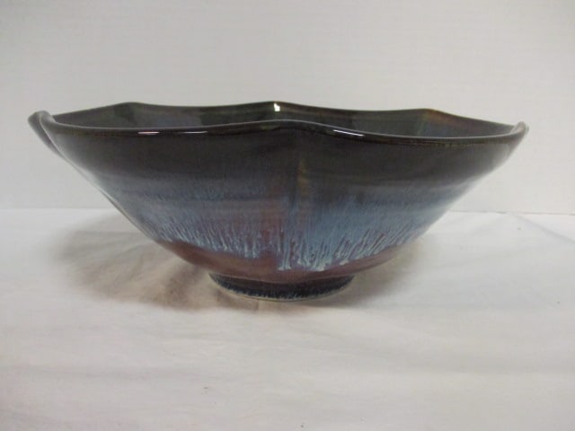 Signed Studio Pottery Blue Drip Glaze Centerpiece Bowl - 2