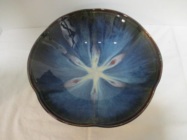 Signed Studio Pottery Blue Drip Glaze Centerpiece Bowl - 3