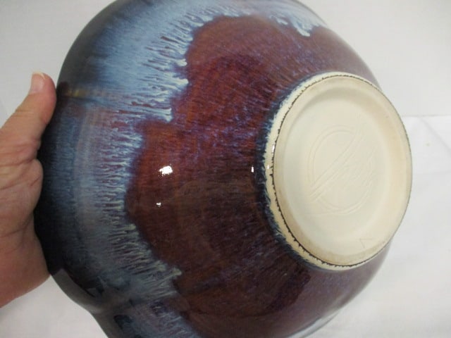 Signed Studio Pottery Blue Drip Glaze Centerpiece Bowl - 4