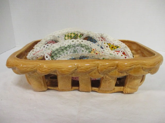 Signed and Numbered Ceramic Woven Look Bread Basket with "Bun Crazy" Bread Cloth: Basket 11" x 7 1/2" x 3 1/4"h