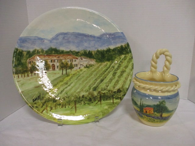 Handpainted Cissy Martin Signed "La Bastide 'The Farmhouse'" Charger and Rope Handle Vase (1 of 14)