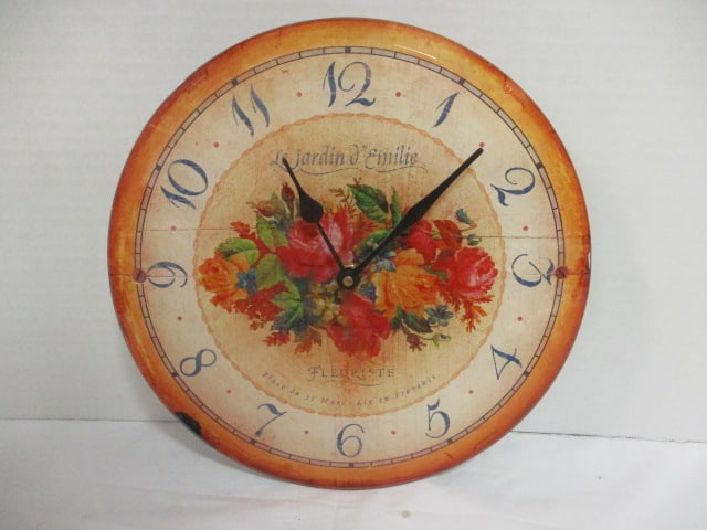 "Le Jardin d' Emilie Fleuriste" French Country Style Quartz Kitchen Clock: 10"dia