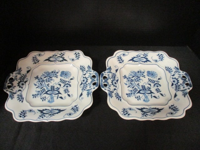 Two Blue Danube "Blue Onion" Pattern Tab Handle Trays: 10" handle to handle, both have chip with hairline cracks on underside rim