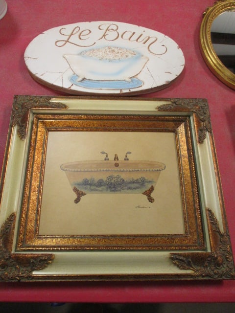"Le Bain" Sculpted Wall Plaque and Framed Gamboa Vintage Claw Foot Tub Print on Board (1 of 7)