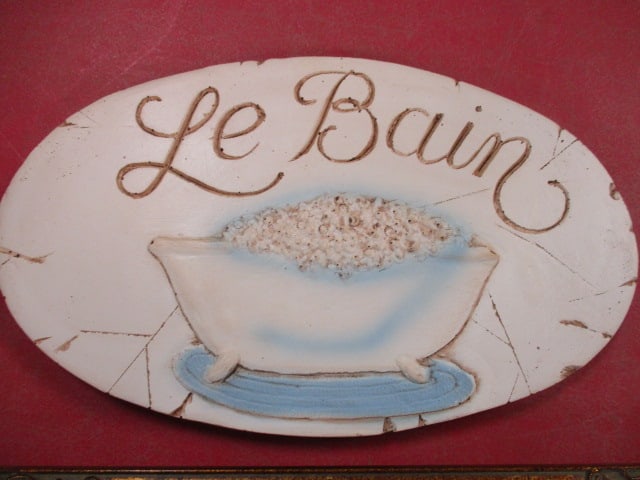 "Le Bain" Sculpted Wall Plaque and Framed Gamboa Vintage Claw Foot Tub Print on Board - 2