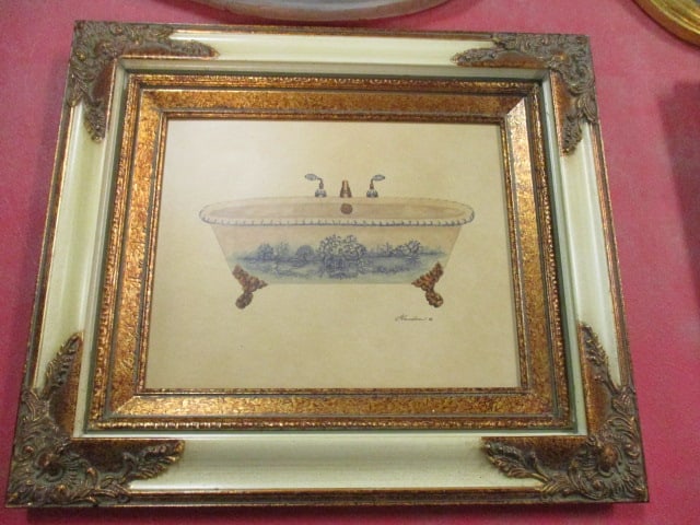 "Le Bain" Sculpted Wall Plaque and Framed Gamboa Vintage Claw Foot Tub Print on Board - 4