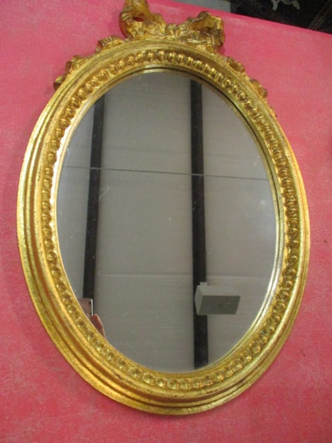 Small Gilt Oval Mirror with Bow Crown: 8 3/4" x 12 3/4"
