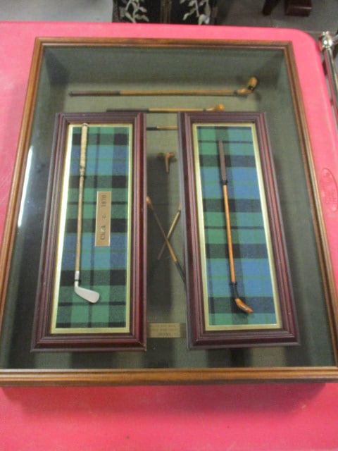 Shadow Box Framed Replica Vintage Golf Clubs and Two Plaques: Shadow box 17 1/2" x 21 1/2", (2)Plaques 13 1/2" x 5 1/4", Local Pickup Only