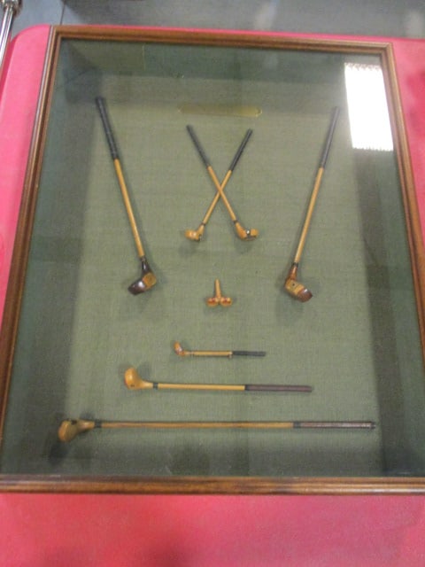 Shadow Box Framed Replica Vintage Golf Clubs and Two Plaques - 5