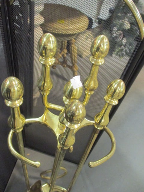 Folding Black/Gold Metal Fireplace Screen and 4 Piece Brass Fireplace Set - 4