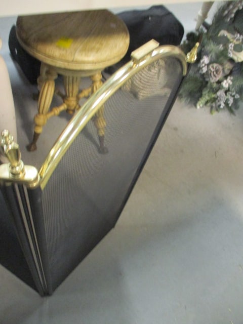 Folding Black/Gold Metal Fireplace Screen and 4 Piece Brass Fireplace Set - 5
