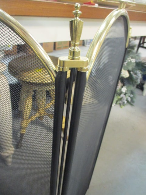 Folding Black/Gold Metal Fireplace Screen and 4 Piece Brass Fireplace Set - 6