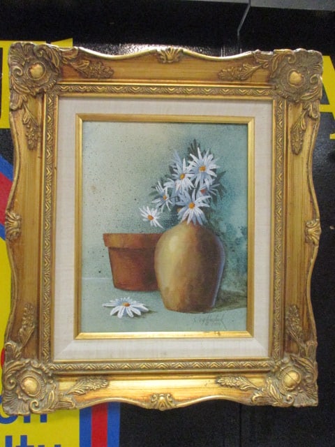 Framed C.Q. Blaylock Daises in Vase Print on Board: 13 1/2" x 15 1/2"