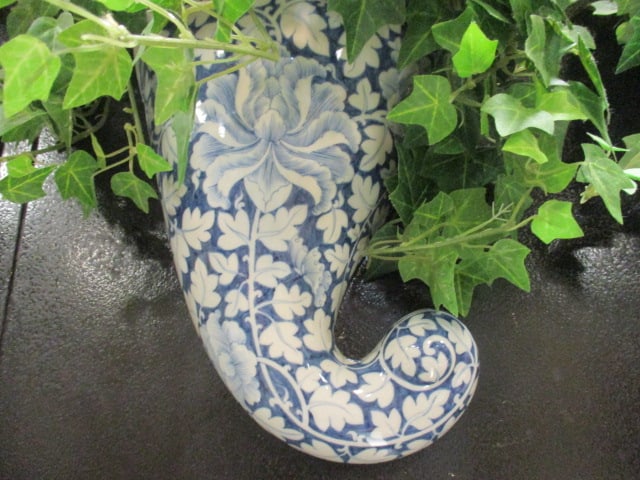 Pair of Maitland-Smith Blue/White Porcelain Wall Pockets with Greenery - 3