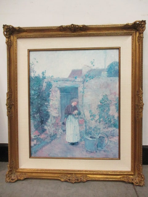 Framed Frederick Childe Hassam "The Garden Door" Hand Highlighted Print on Board: 24" x 28"