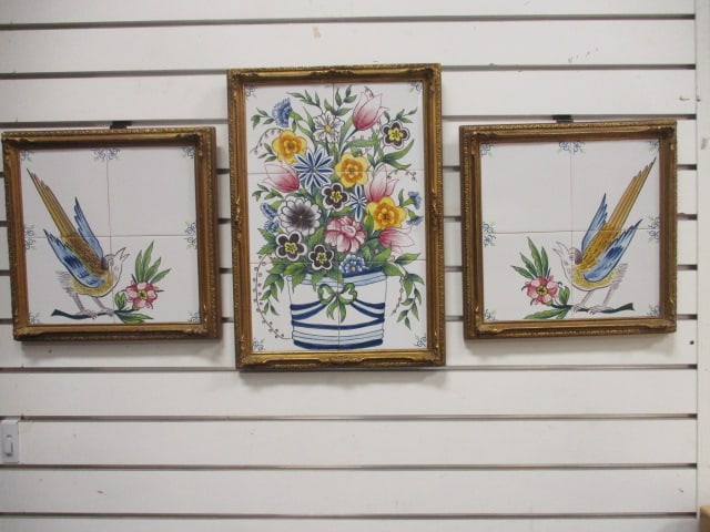 Framed 3 Piece Dutch Delft Inspired Tile Artwork: (2)12 1/2" square, (1)12 1/2 x 17 3/4", bird and flower basket design, Local Pickup Only