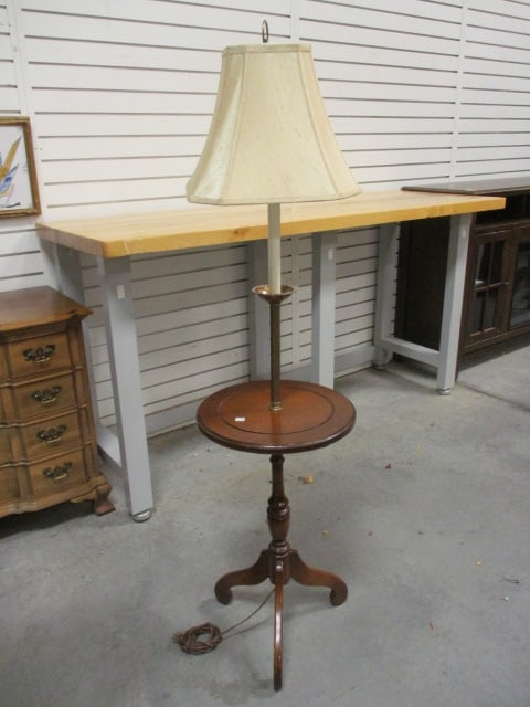 Candlestick Brass and Wood Table Floor Lamp: 14 1/4"dia x 56"h, Local Pickup Only